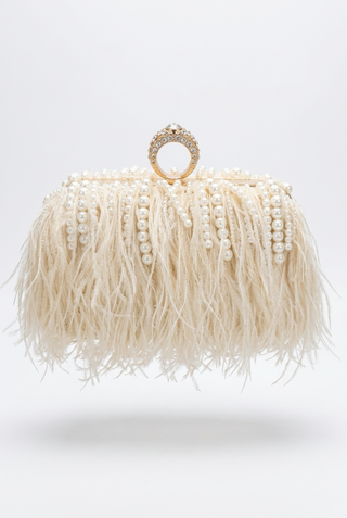 Ivory Feather & Pearls Clutch