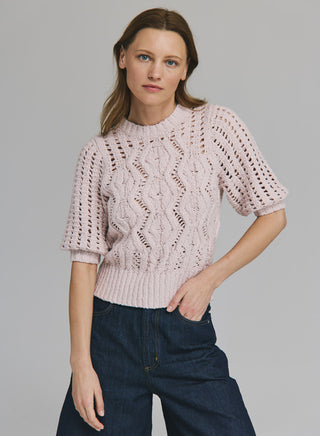 Elbow Mesh Sleeve Cable Crew - Ballet Slipper
