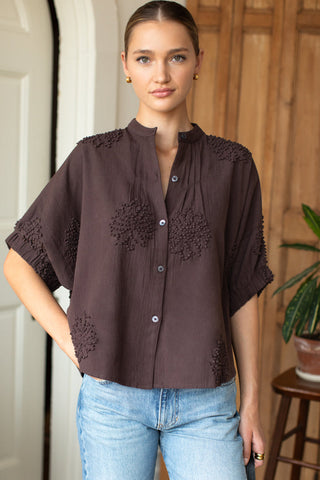 Mandarin Collar Top - French Knot Floral Vintage/Chestnut - Size