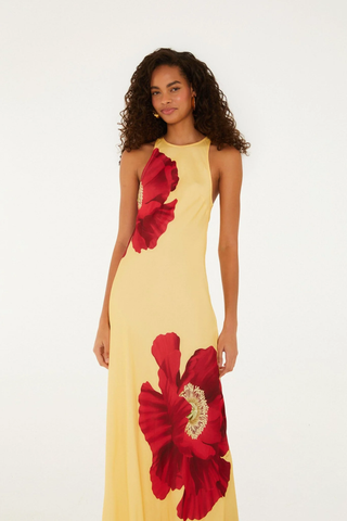 Poppy Flowers Light Yellow Sleveless Maxi Dress