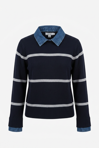 Denim Trim Cotton Crew Sweater - Navy/Ivory Stripe