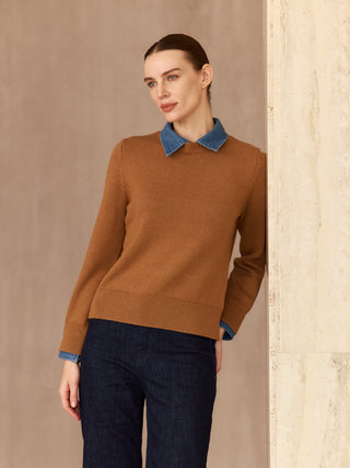 Denim Trim Cotton Crew Sweater - Tabacco