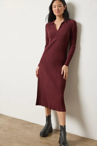 Long Sleeve Rib Henley Dress - Dark Cherry