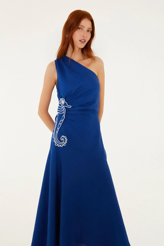 Seahorse Blue Embroidery One Shoulder Maxi Dress