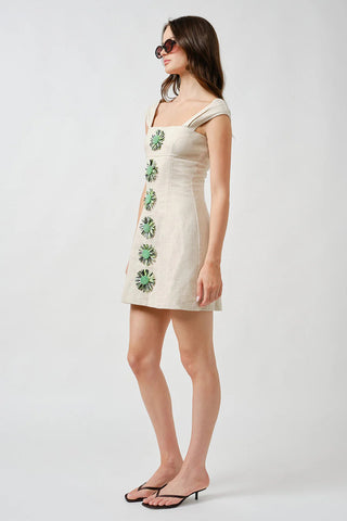 Linen Mini Dress w/ Raffia Flowers