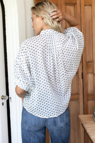 Mandarin Collar Top - French Knot Floral Sand