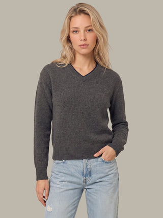 Sloane High V-Neck Double Trim Cashmere Pullover