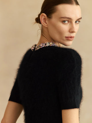 Jeweled Cashmere Short-Sleeve Sweater