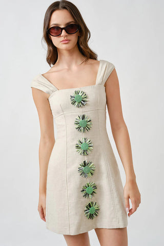 Linen Mini Dress w/ Raffia Flowers