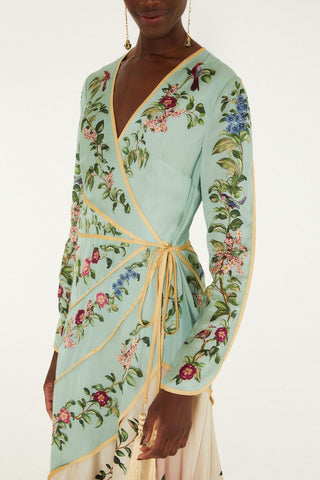 Birds Tree Green Mix Maxi Long Sleeve Dress
