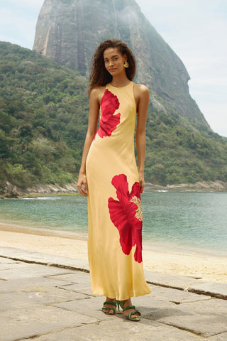 Poppy Flowers Light Yellow Sleveless Maxi Dress