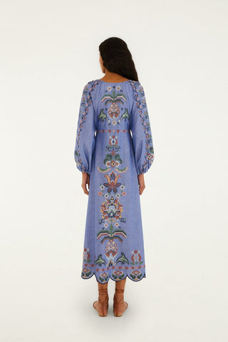 Garden Tapestry Blue Embroidery L/S Midi Dress